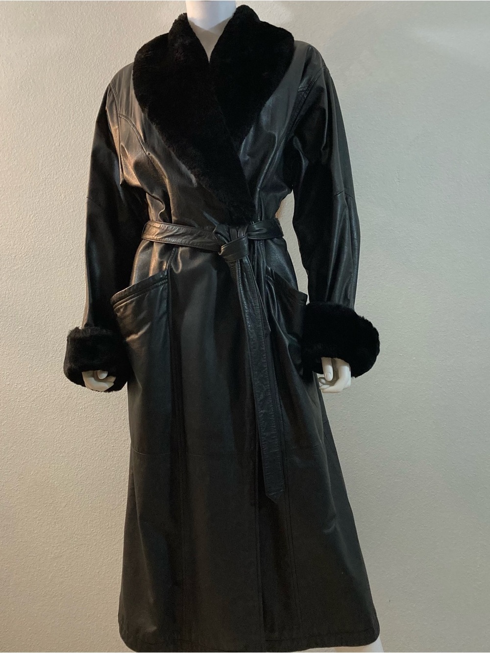 Fur Collar Leather Trench Coat, Vintage 1980’s Long Leather Coat